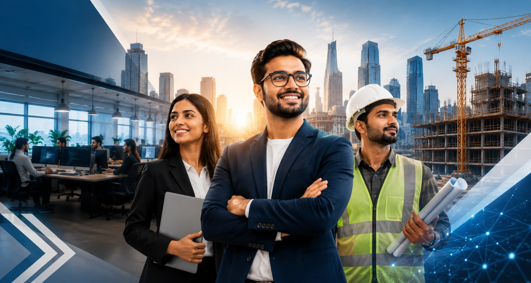 Professional career opportunities at Inspiring Sanghavi Private Limited featuring IT professionals and civil construction engineers in a modern corporate workplace.