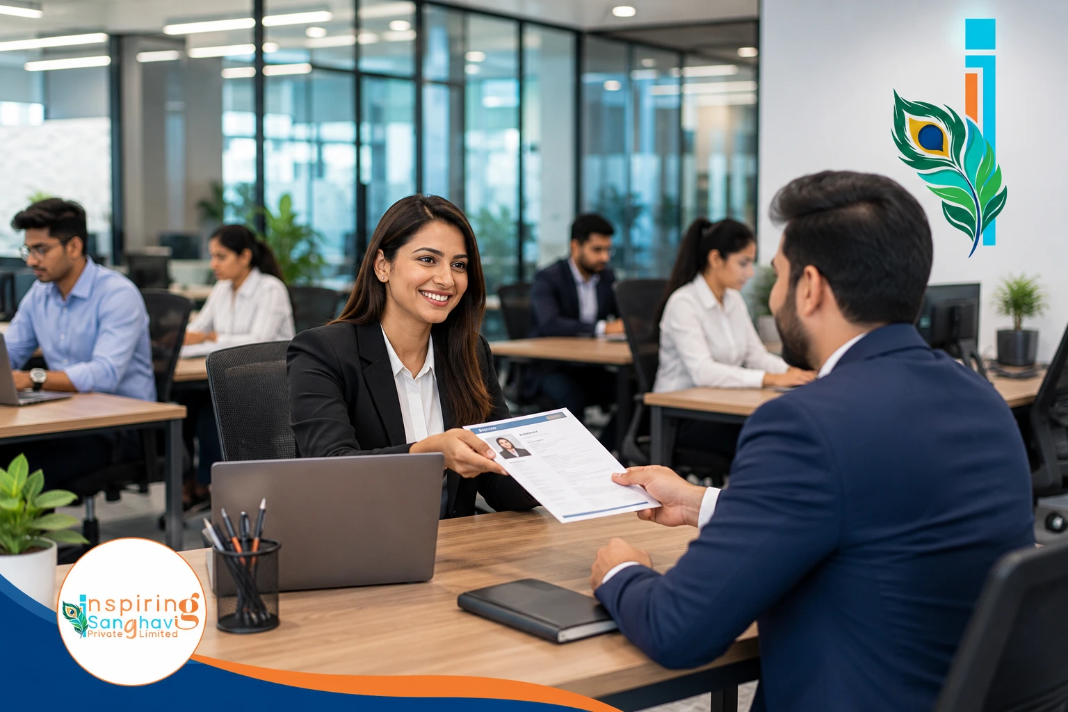 Professional job interview and resume submission at Inspiring Sanghavi Private Limited with HR representative welcoming a candidate in a modern corporate office.