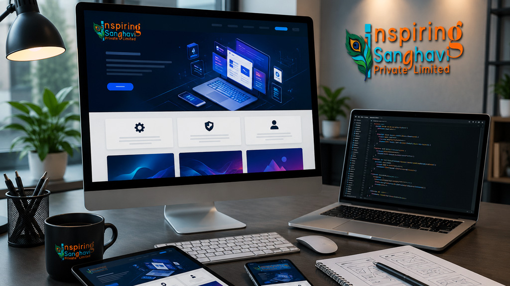 Modern Website Development Workspace with Inspiring Sanghavi Private Limited Branding