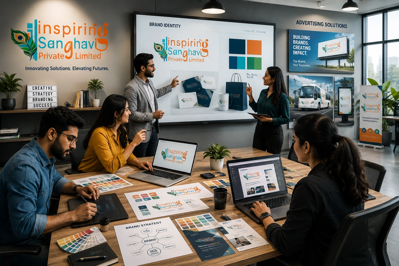 Services Creative branding and advertisement team designing logo, corporate identity, digital marketing campaigns, and promotional materials at Inspiring Sanghavi Private Limited.