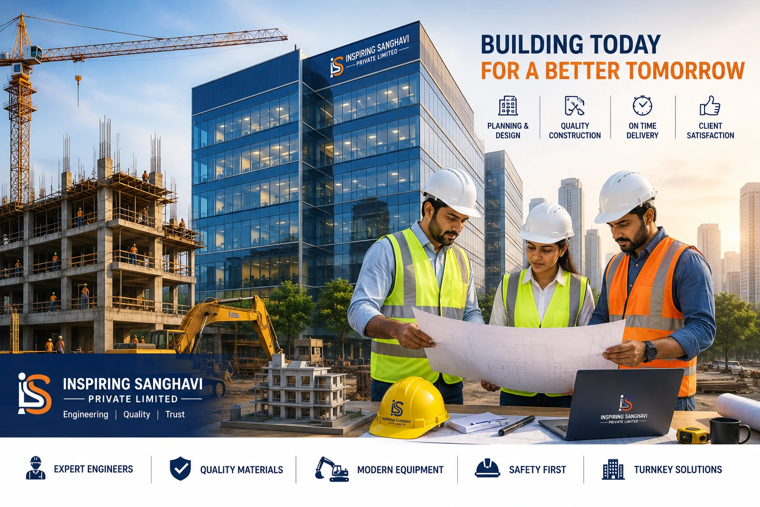 Services Civil engineers managing a modern commercial construction project with premium building infrastructure by Inspiring Sanghavi Private Limited.