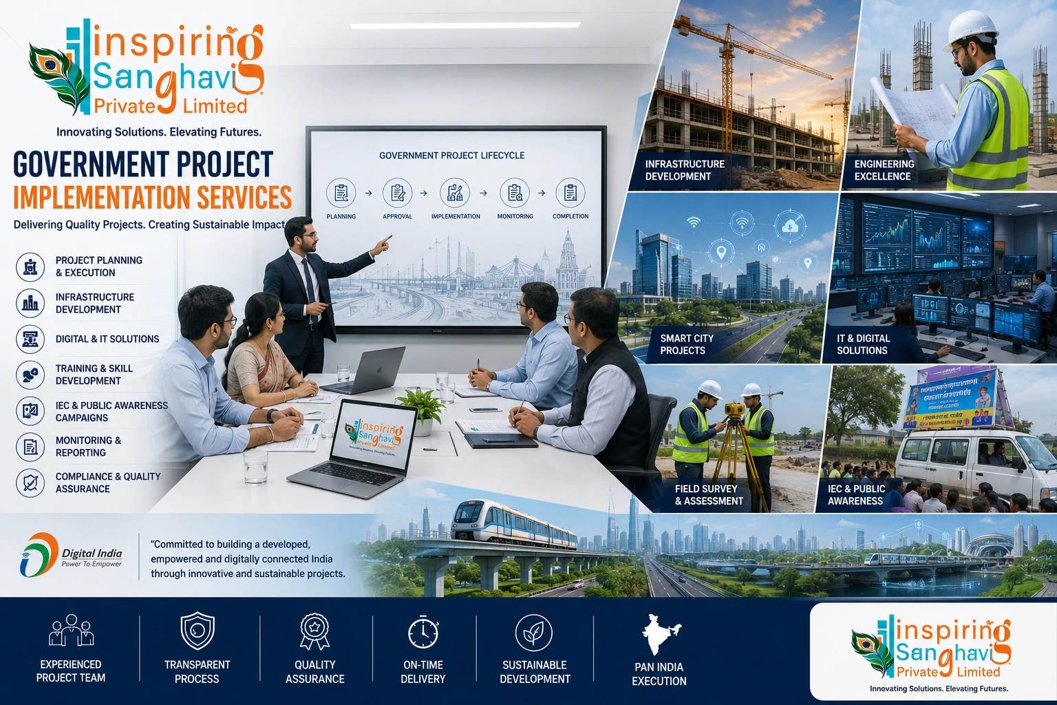 Services Professional government project implementation team managing infrastructure, IT, training, civil construction, and public sector development projects across India.
