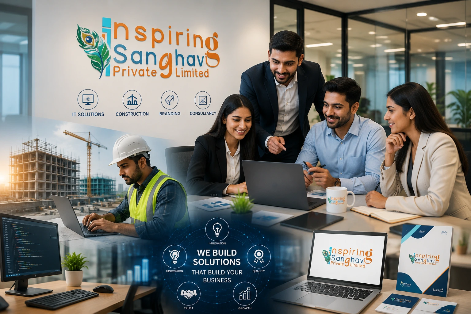 Home Professional corporate team meeting at Inspiring Sanghavi Private Limited showcasing IT solutions, civil construction, branding, business consultancy, and digital services in India.