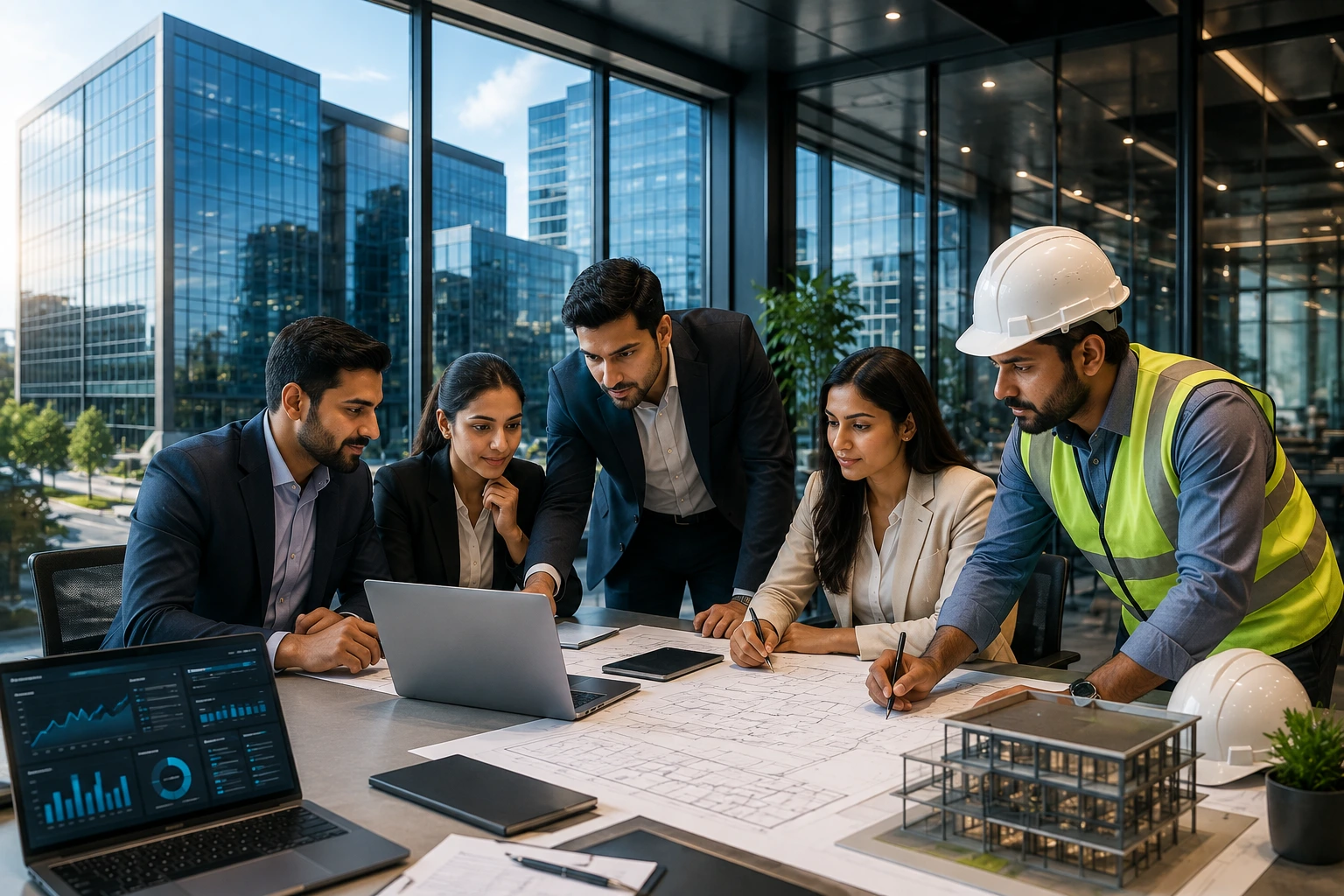 Services Corporate team discussion with engineer reviewing plans in a modern office, showcasing business solutions, project planning, IT infrastructure, and construction consultancy services by Inspiring Sanghavi Private Limited.