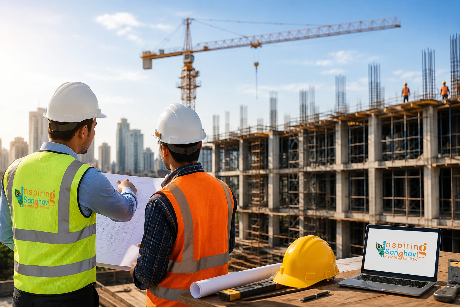 Civil Construction Services Professional civil construction engineers inspecting a commercial building project in Lucknow with crane and safety equipment by Inspiring Sanghavi Private Limited