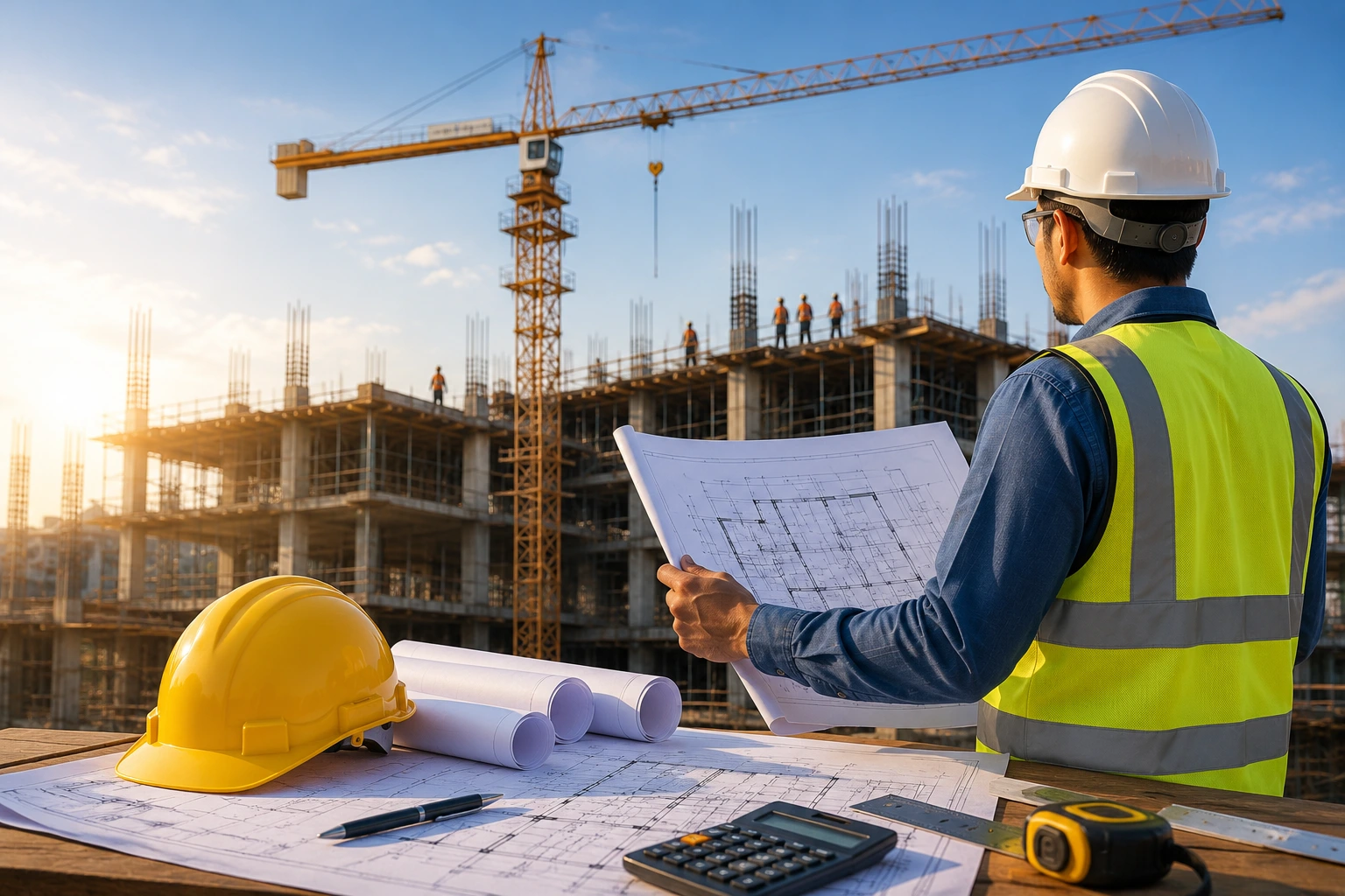 Civil Construction Services Professional civil engineer reviewing construction blueprint at a commercial building site in Lucknow with tower crane and safety helmet by Inspiring Sanghavi Private Limited