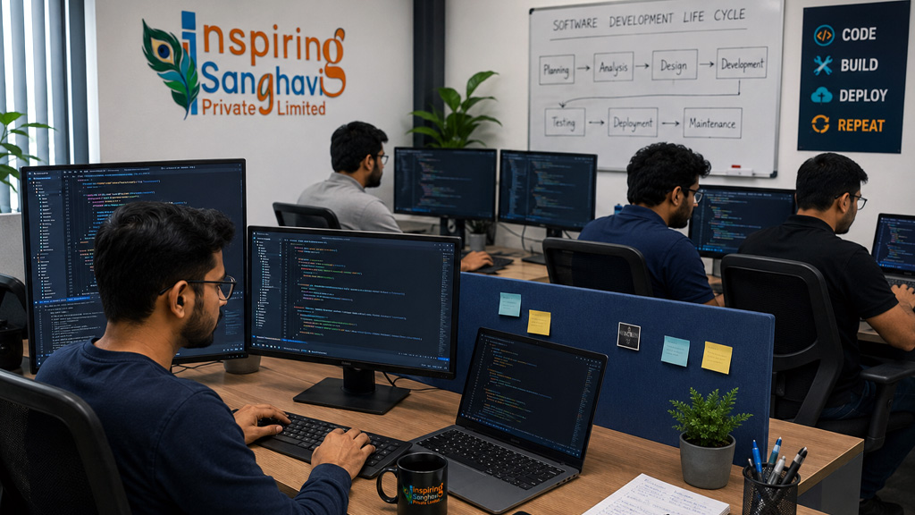 Software Development Team Working on Custom Application Development at Inspiring Sanghavi Private Limited