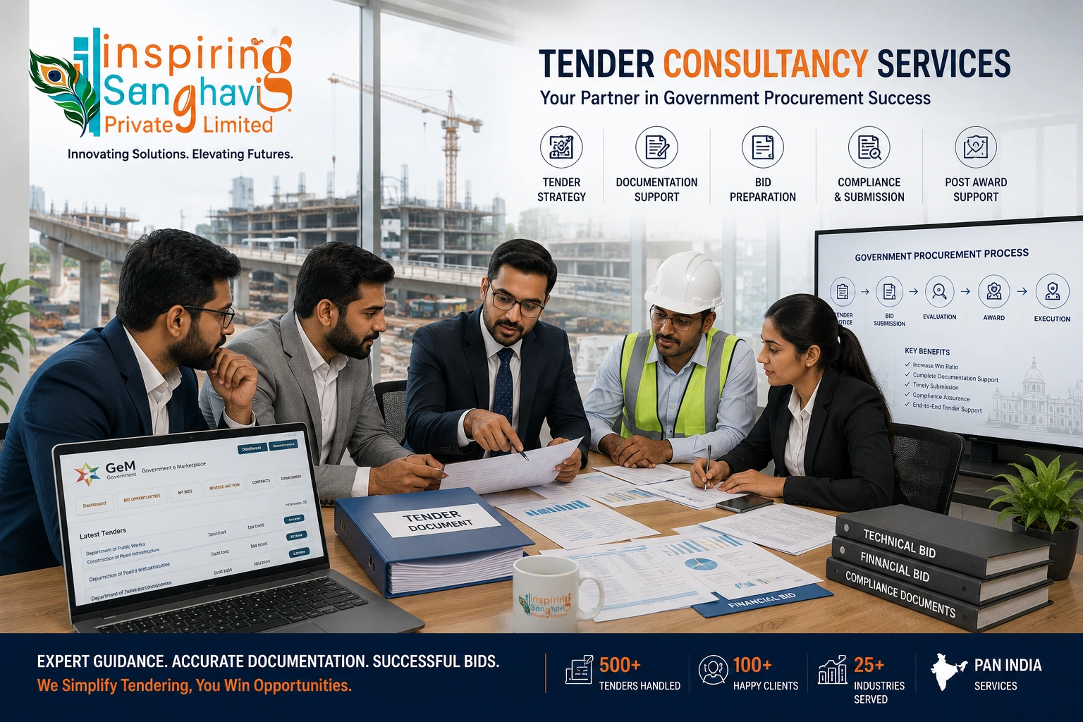 Services Professional tender consultancy team preparing government tender documents, GeM registration, bid proposals, and procurement solutions at Inspiring Sanghavi Private Limited.