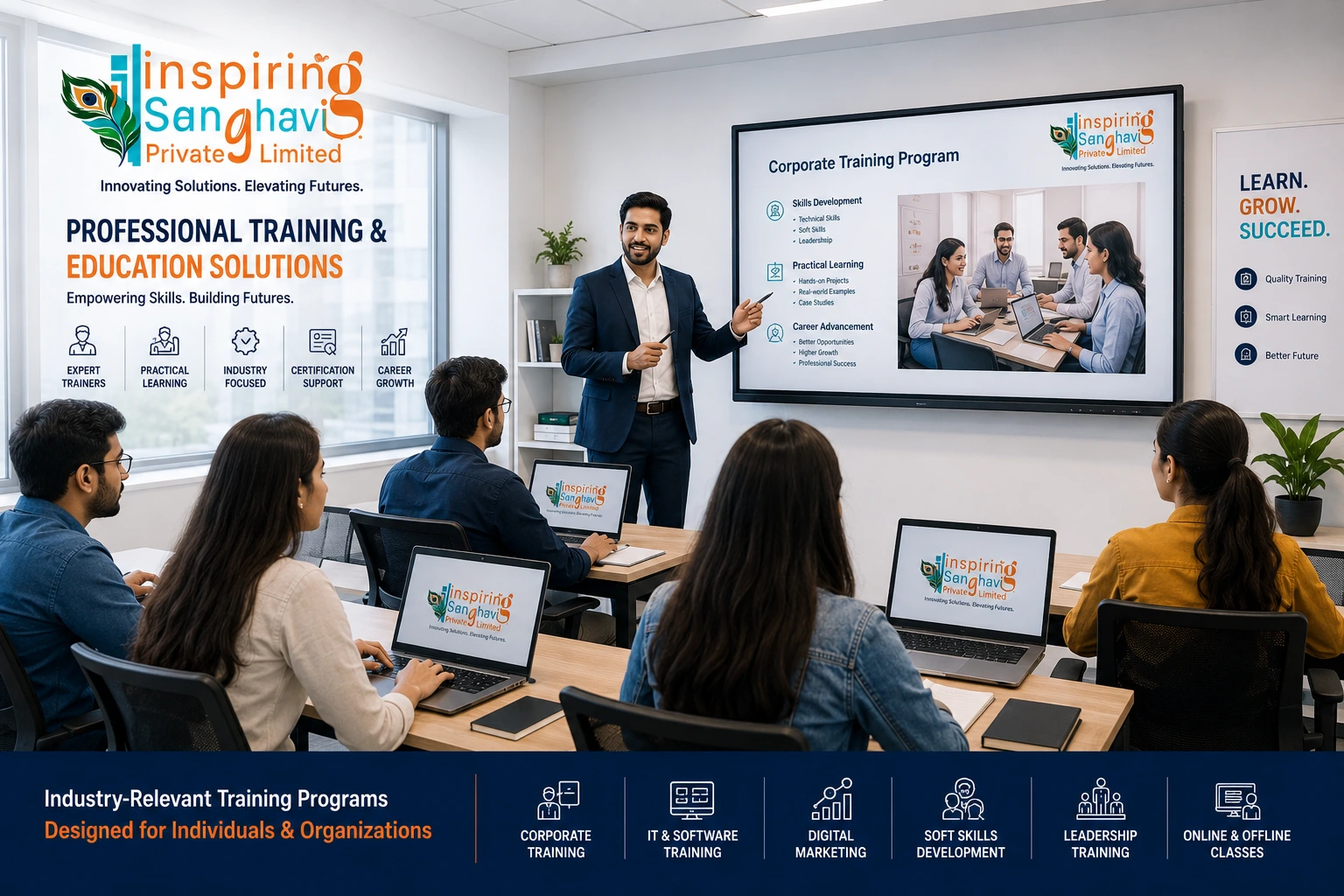 Services Professional corporate training and education session with instructor, students using laptops, and digital learning environment at Inspiring Sanghavi Private Limited.