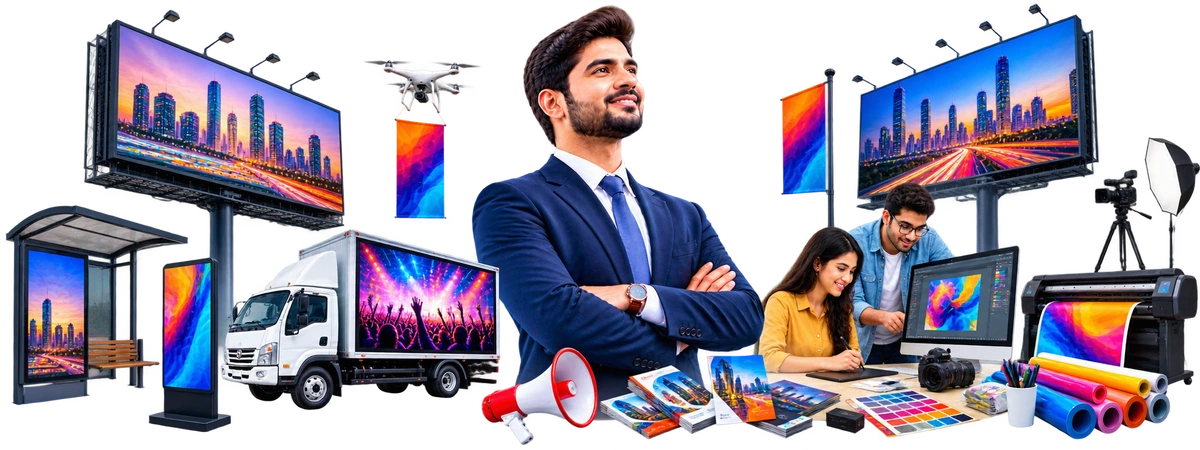 Advertisement Services Professional advertisement and branding team working on a creative marketing campaign in a modern corporate office at Inspiring Sanghavi Private Limited, Lucknow.