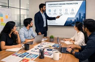 Advertisement Services Professional corporate branding team discussing brand promotion strategy, marketing campaigns, and business growth in a modern corporate office.