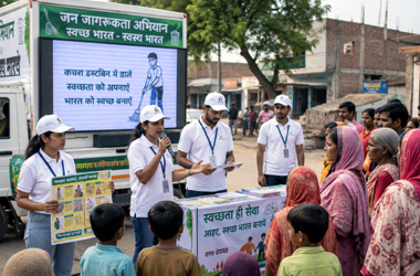 Advertisement Services Professional team conducting a government IEC awareness campaign and public outreach program with community members to promote health, sanitation, education, and social awareness.