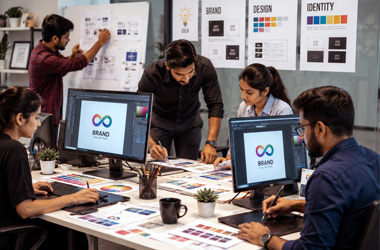 Advertisement Services Professional graphic design and branding team creating logo designs, brand identity, marketing materials, and creative business solutions in a modern office.