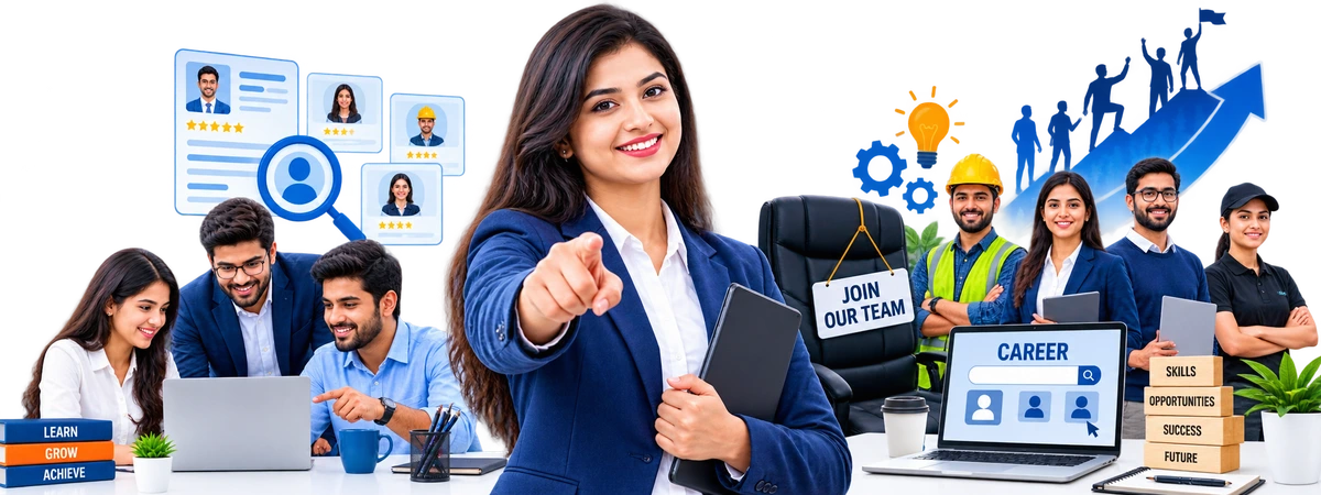 Professional career opportunities at Inspiring Sanghavi Private Limited featuring IT professionals and civil construction engineers in a modern corporate workplace
