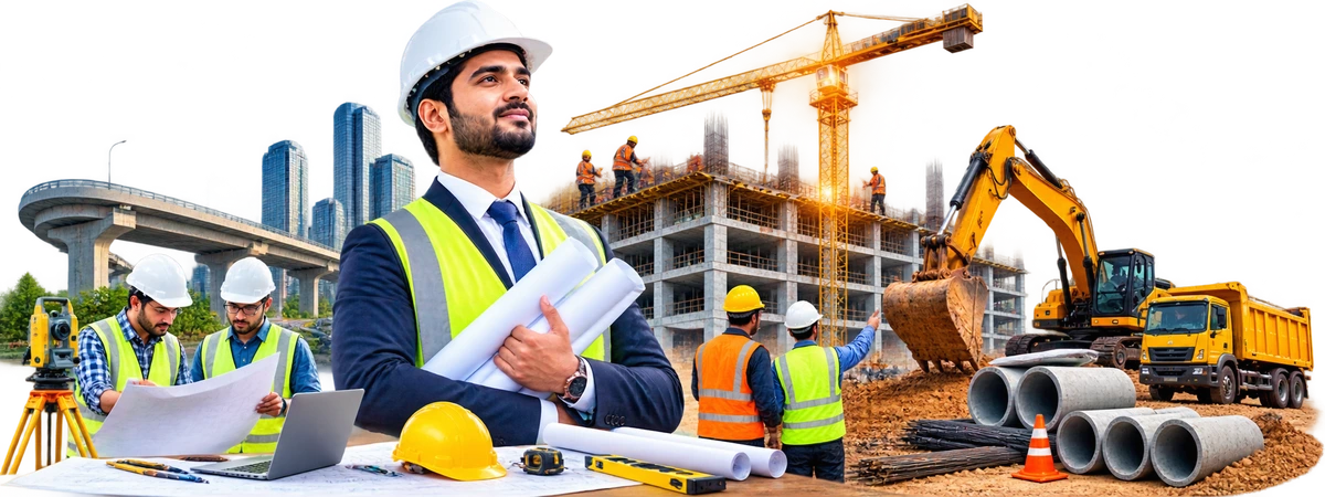 Civil Construction Services in Lucknow by Inspiring Sanghavi Private Limited with professional construction engineers at a commercial building site