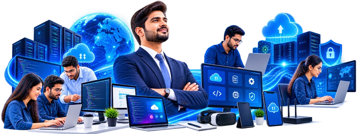 Professional website development team working on coding and web design in corporate office