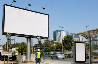 Advertisement Services Professional outdoor advertising billboard installation by skilled workers on a modern city roadside for brand promotion and business advertising in Lucknow.