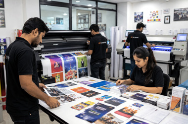 Advertisement Services Professional printing team operating commercial printing machines and preparing brochures, banners, business cards, and promotional materials in a modern print production facility.