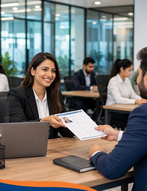 Professional job interview and resume submission at Inspiring Sanghavi Private Limited with HR representative welcoming a candidate in a modern corporate office.