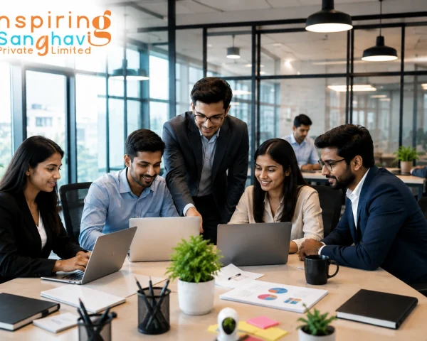 Professional team collaboration at Inspiring Sanghavi Private Limited in a modern corporate office workspace with employees working together on business and technology projects.