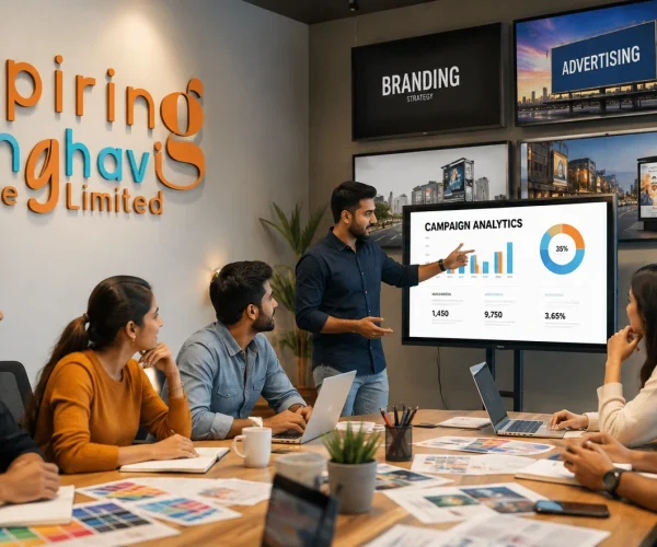 Professional corporate marketing team discussing advertisement and branding strategy in a modern office with campaign analytics, creative design workspace and Inspiring Sanghavi Private Limited branding in Lucknow.