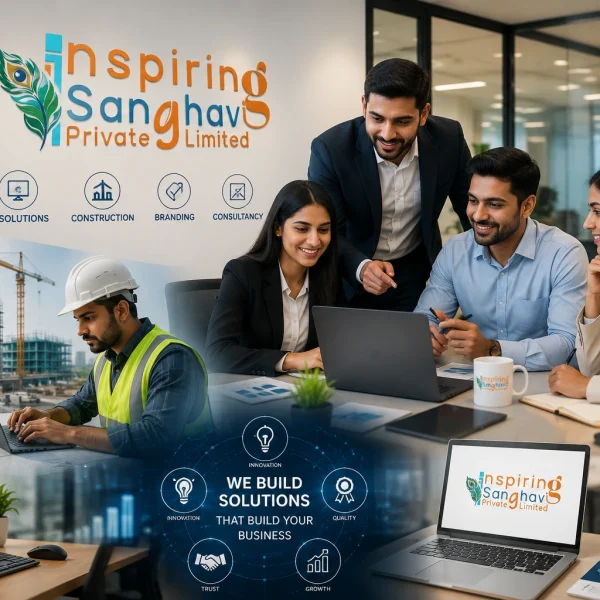 Professional corporate team meeting at Inspiring Sanghavi Private Limited showcasing IT solutions, civil construction, branding, business consultancy, and digital services in India.