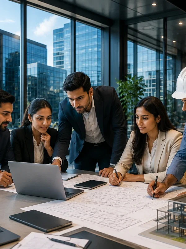Corporate team discussion with engineer reviewing plans in a modern office, showcasing business solutions, project planning, IT infrastructure, and construction consultancy services by Inspiring Sanghavi Private Limited.