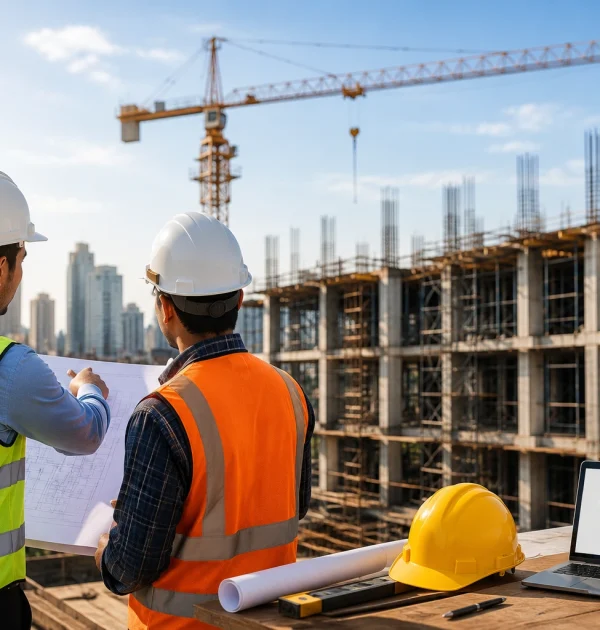 Professional civil construction engineers inspecting a commercial building project in Lucknow with crane and safety equipment by Inspiring Sanghavi Private Limited