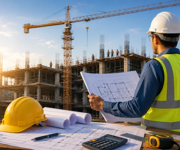 Professional civil engineer reviewing construction blueprint at a commercial building site in Lucknow with tower crane and safety helmet by Inspiring Sanghavi Private Limited
