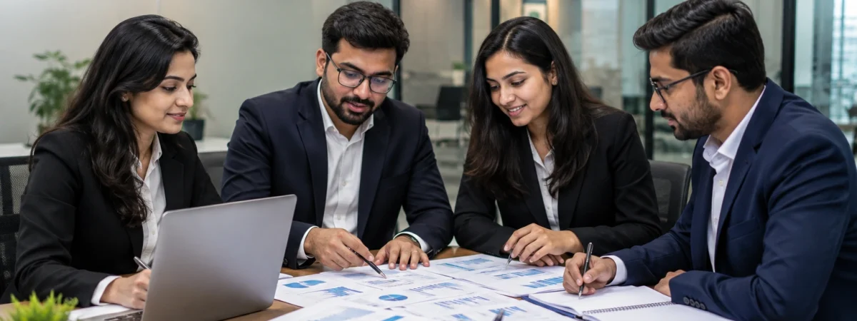 Tender consultancy services in Lucknow team discussing business documents