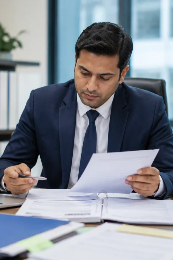 Tender consultant reviewing government tender documents in office
